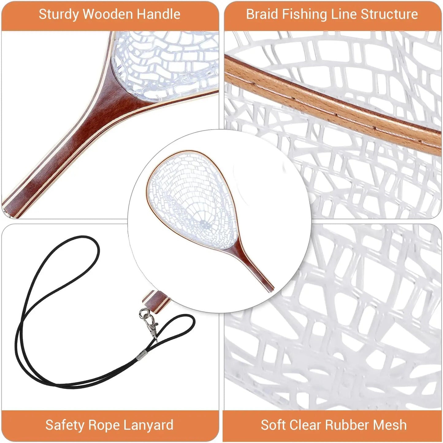 Wooden Frame Fly Fishing Landing Net With Knotless Rubber Mesh