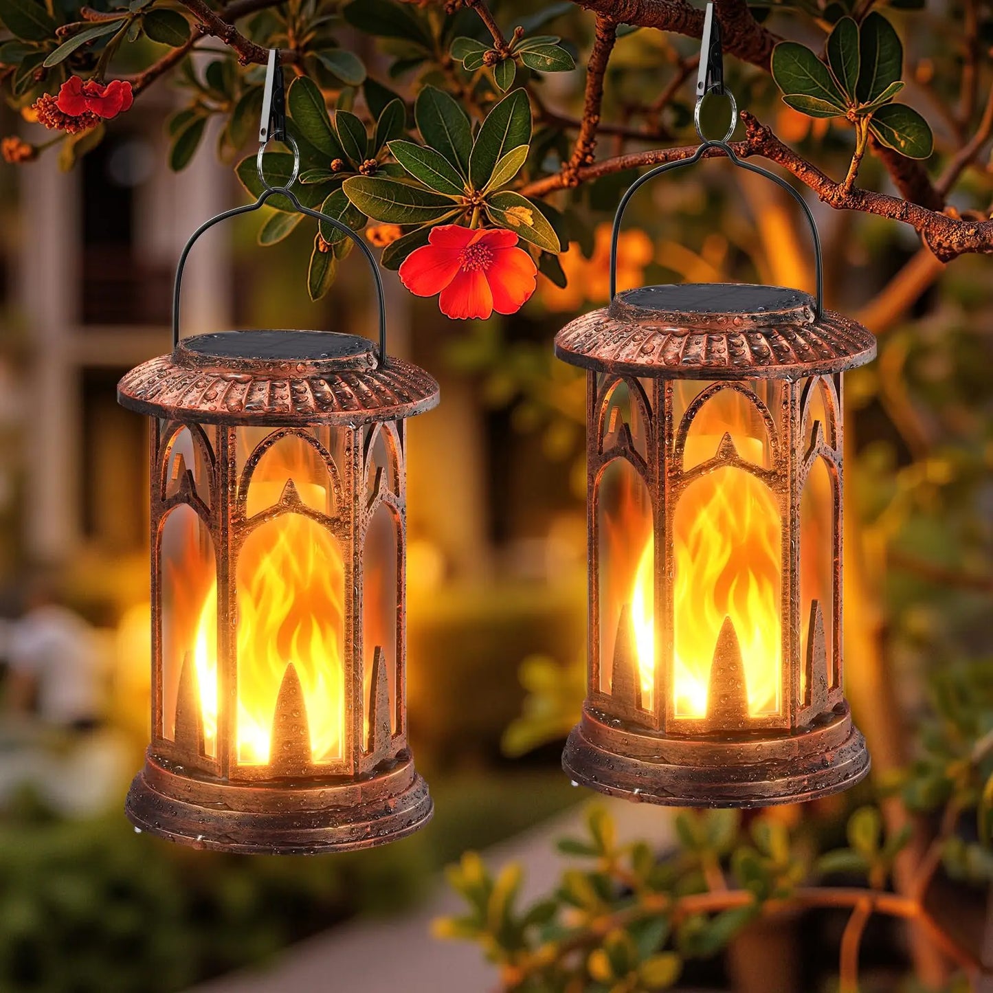 Solar Lantern Outdoor Lights, Upgraded Flickering Flame Solar Lanterns Outdoor Waterproof, Auto ON/Off Lanterns Decorative Outdo