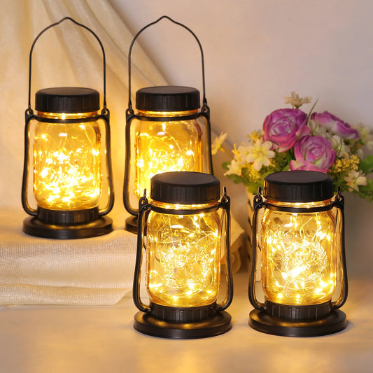 2/4pcs Solar Hanging Outdoor Lanterns, IPX5, 600mAh Long-Lasting Battery, Super Bright Imported LEDs, High-Efficiency Solar Panel, 30 Warm White Fairy Lights, Vintage Mason Jar Design for Yard, Patio, Wedding & Christmas Deco