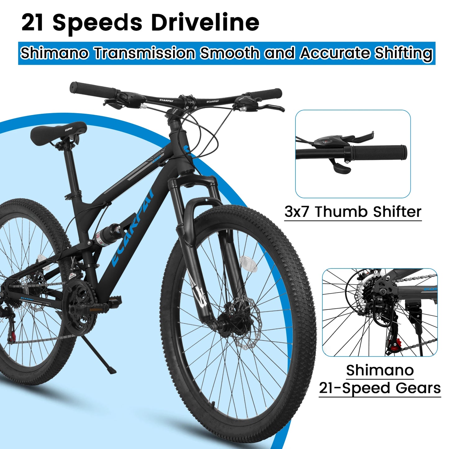 Ecarpat Full Suspension Mountain Bike Unisex 21 Speed Disc Brakes