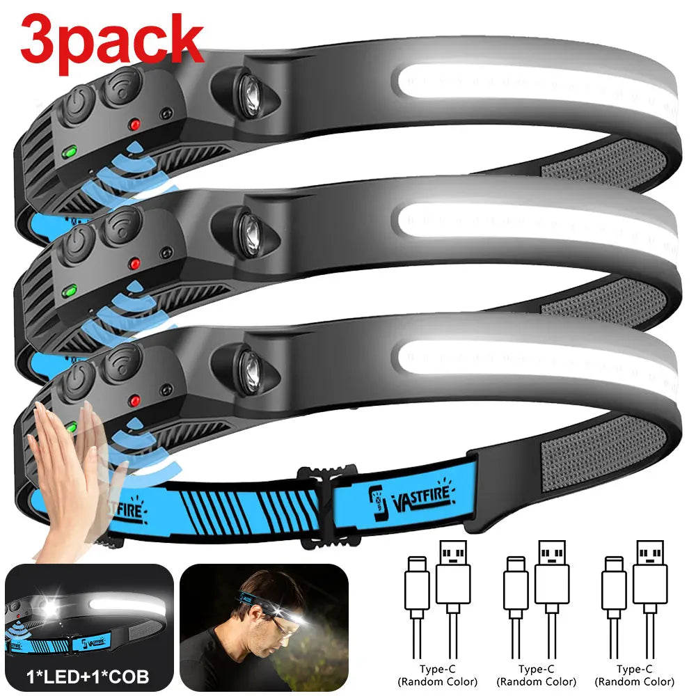 1000mAh COB LED Headlamp Induction Head Lamp Built-in Battery USB Rechargeable Head Flashlight Outdoor Camping Fishing Sensor Headlight