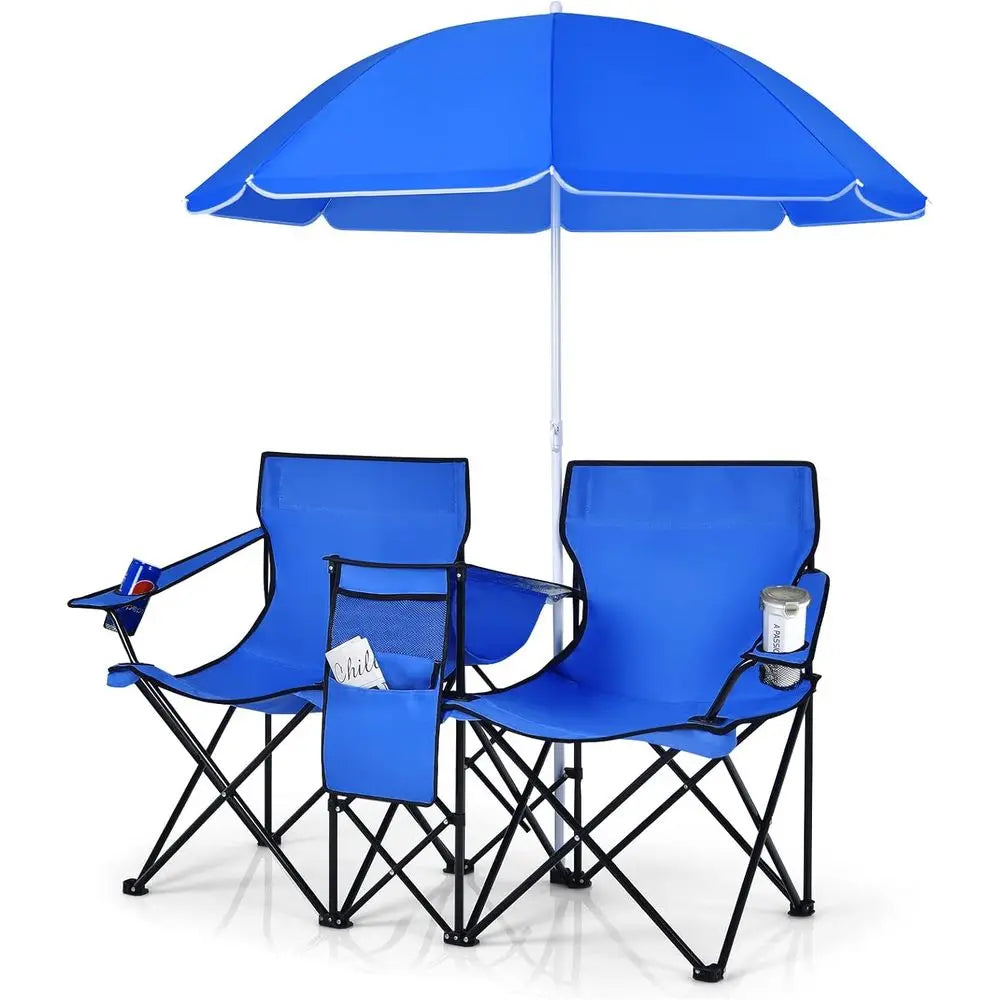 Portable Folding Picnic Chairs with Detachable Umbrella, Cooler and Cup Holders, Ideal for Beach and Camping, Blue