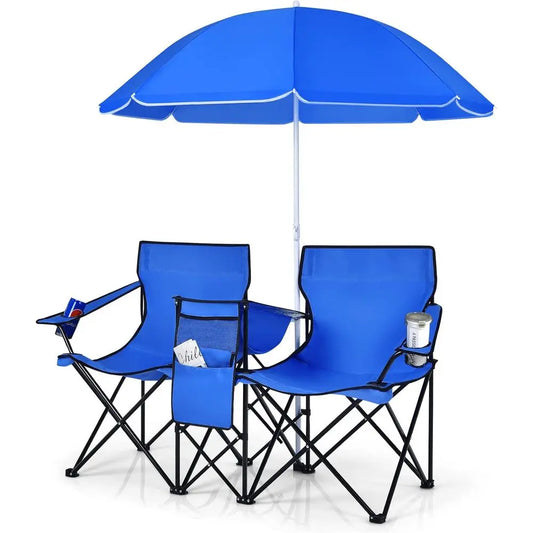 Portable Folding Picnic Chairs with Detachable Umbrella, Cooler and Cup Holders, Ideal for Beach and Camping, Blue