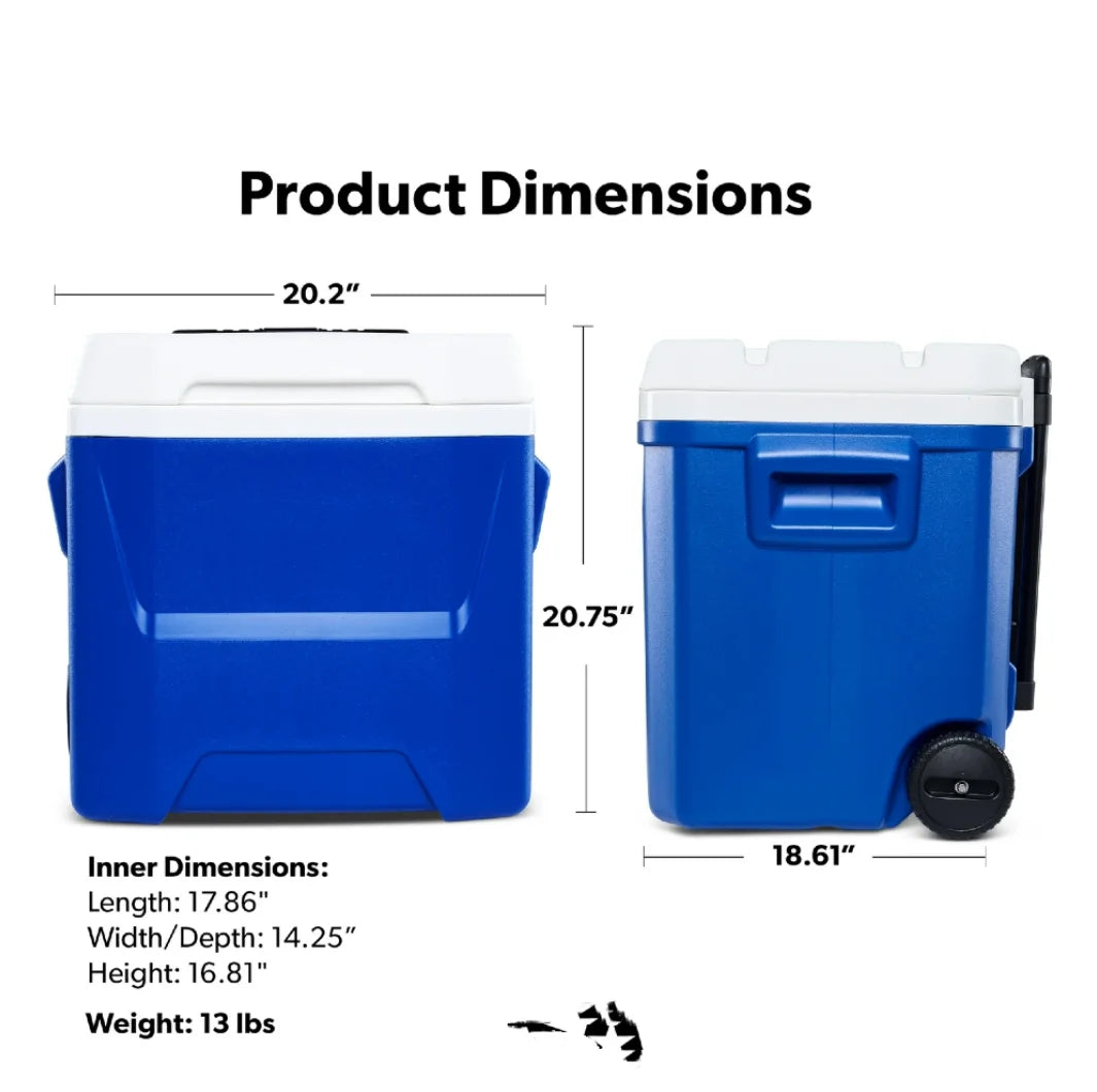 60 QT Blue Laguna Wheeled Hard Sided Ice Chest Cooler Long Lasting Ice Retention Large Capacity Portable Rolling Cool Box With Pull Handle And Wheels Stain Resistant Interior Perfect For Camping Fishing Beach Picnic Outdoor B
