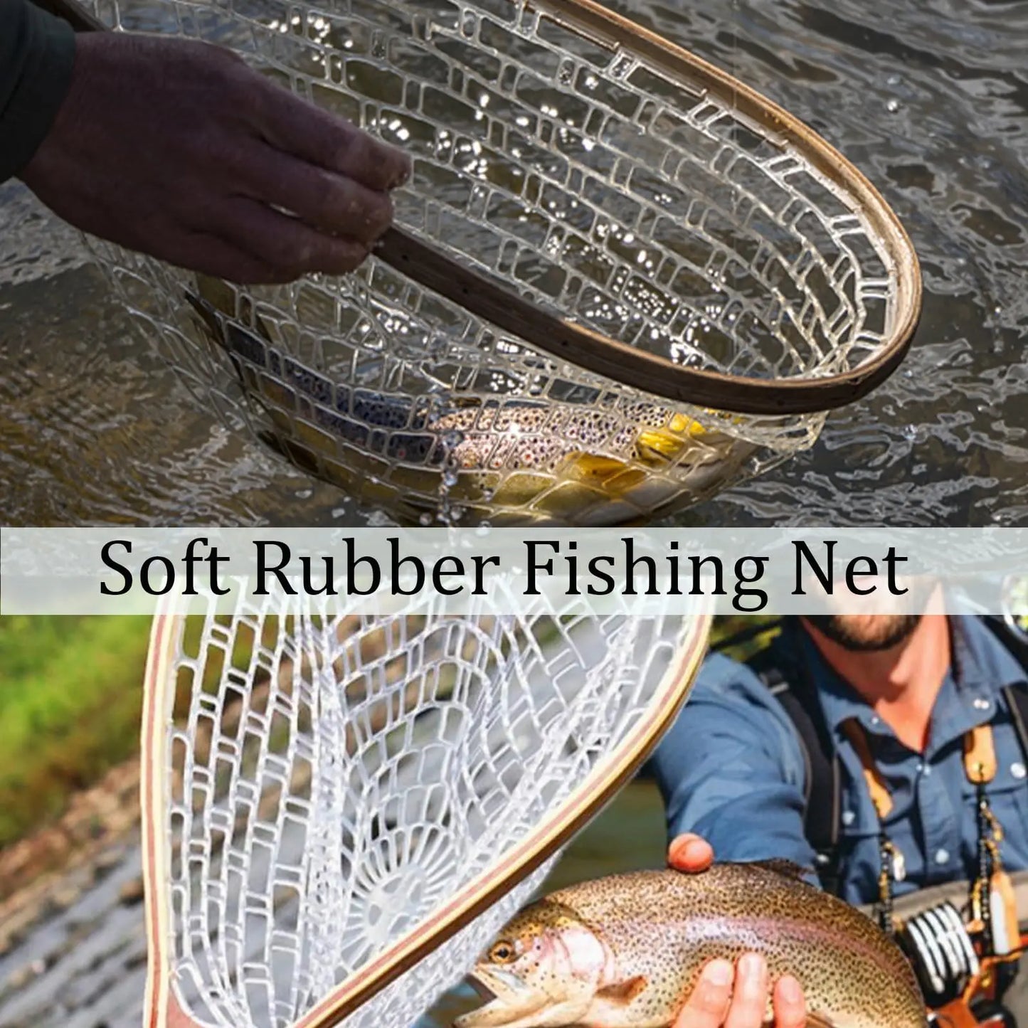 Wooden Frame Fly Fishing Landing Net With Knotless Rubber Mesh