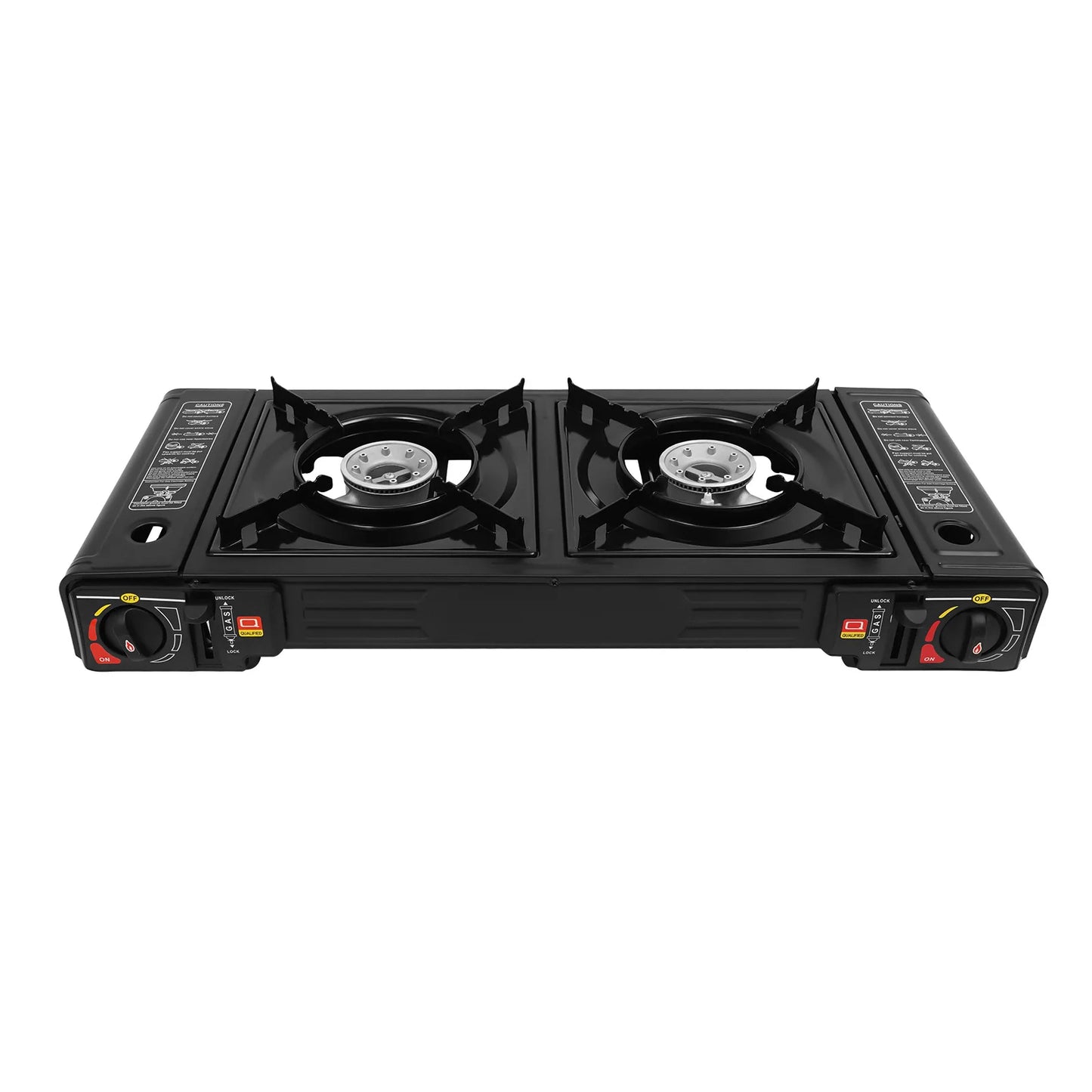Outdoor Portable Camping Stove 5000W, Dual Burner Gas BBQ Cooker with Piezoelectric Ignition & Large Baking Pan, Compact Travel Grill for Picnic RV Patio Camping Use