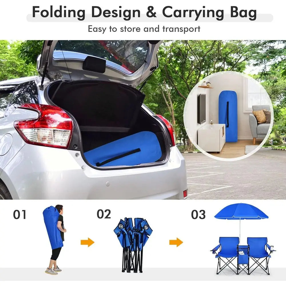 Portable Folding Picnic Chairs with Detachable Umbrella, Cooler and Cup Holders, Ideal for Beach and Camping, Blue
