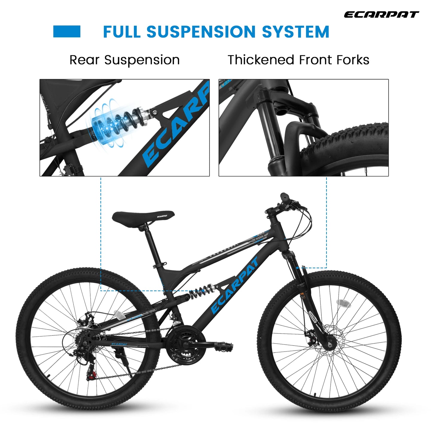 Ecarpat Full Suspension Mountain Bike Unisex 21 Speed Disc Brakes