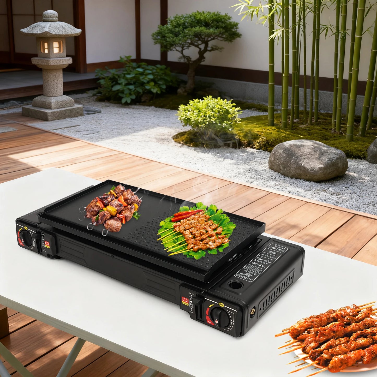 Outdoor Portable Camping Stove 5000W, Dual Burner Gas BBQ Cooker with Piezoelectric Ignition & Large Baking Pan, Compact Travel Grill for Picnic RV Patio Camping Use