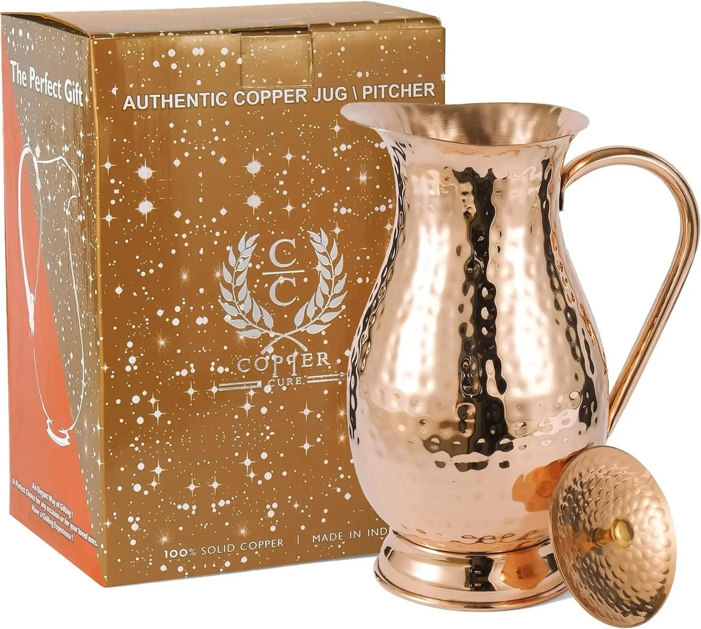 Pure Copper Pitcher With Lid 70 Oz Capacity Hammered Jug