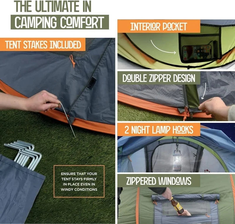 Camping Tent - 4-Person Easy Pop Up Tent with 2 Doors - UPF50+ Waterproof