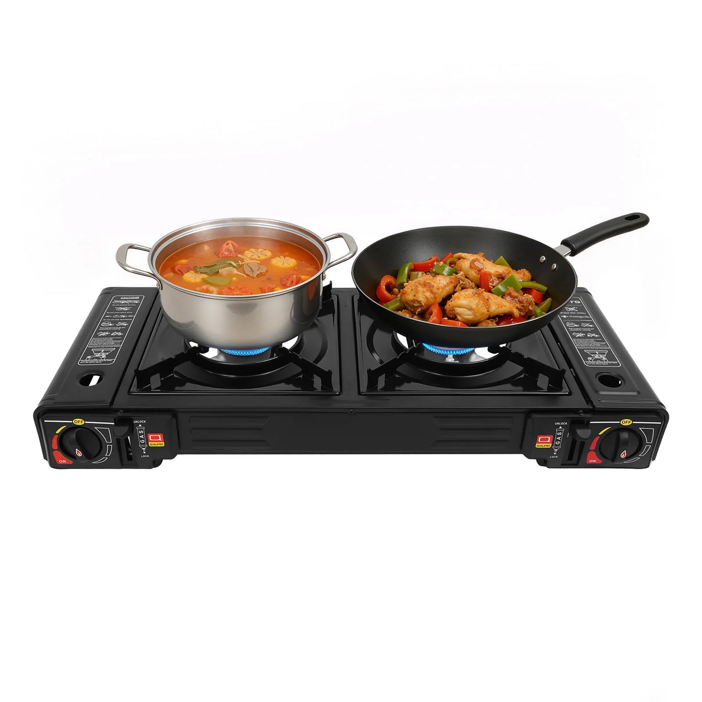 Outdoor Portable Camping Stove 5000W, Dual Burner Gas BBQ Cooker with Piezoelectric Ignition & Large Baking Pan, Compact Travel Grill for Picnic RV Patio Camping Use