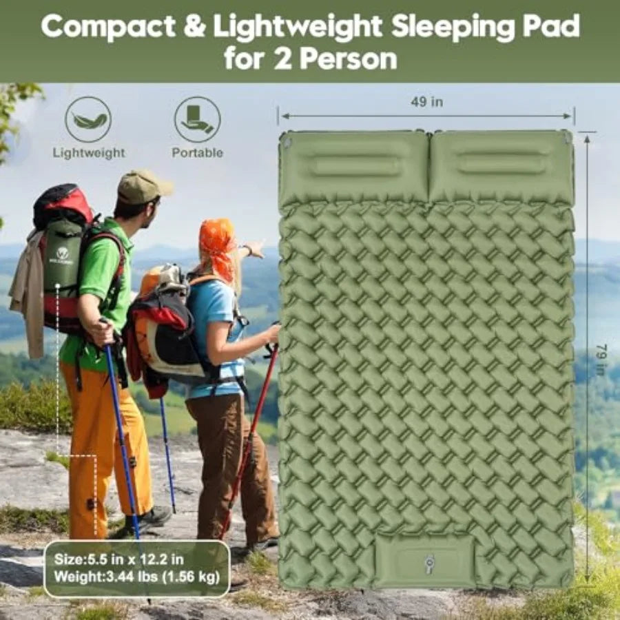 Double Sleeping Pad for Camping 4" Thick Inflatable Camping Mattress 2 Person, Built-in Feet Pump and Pillow, Ultralight Self-I