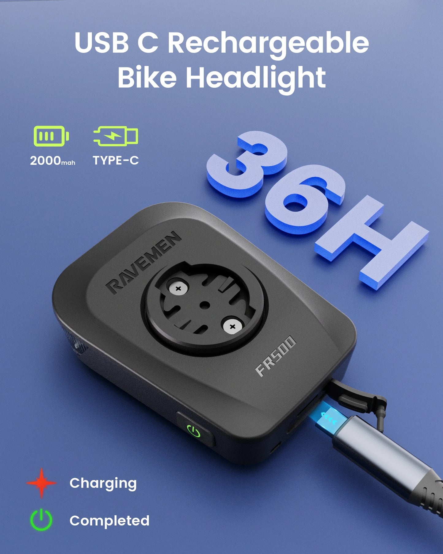 RAVEMEN FR500 Front Bike Light USB C Rechargeable Garmin GPS