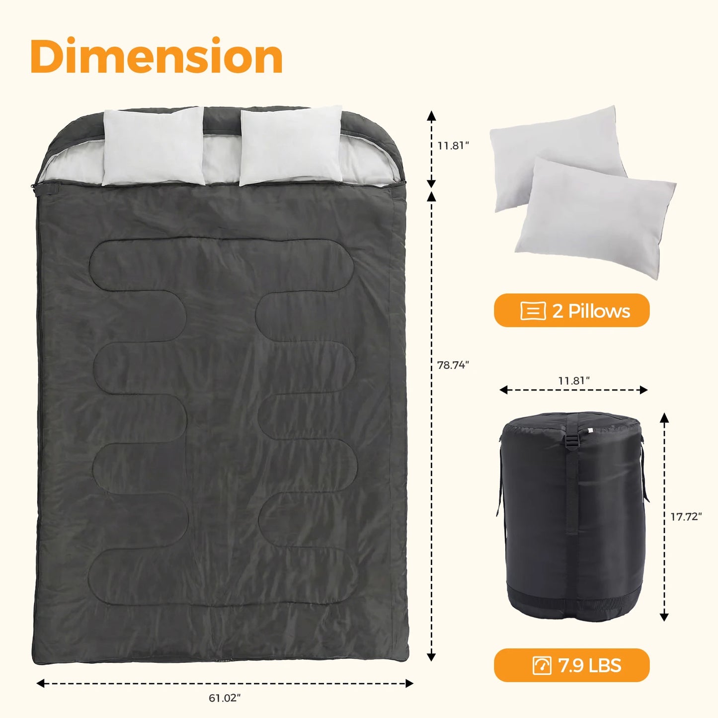 JHK Double Sleeping Bag for Adults with Pillow Lightweight 3 Season Portable Compact Sleeping Bag for 2 Person Hiking Fishing