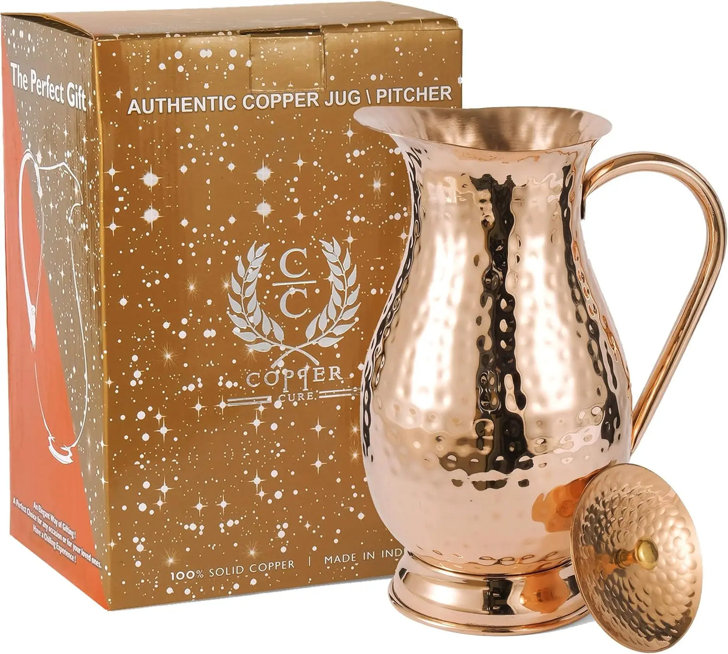 Pure Copper Pitcher With Lid 70 Oz Capacity Hammered Jug