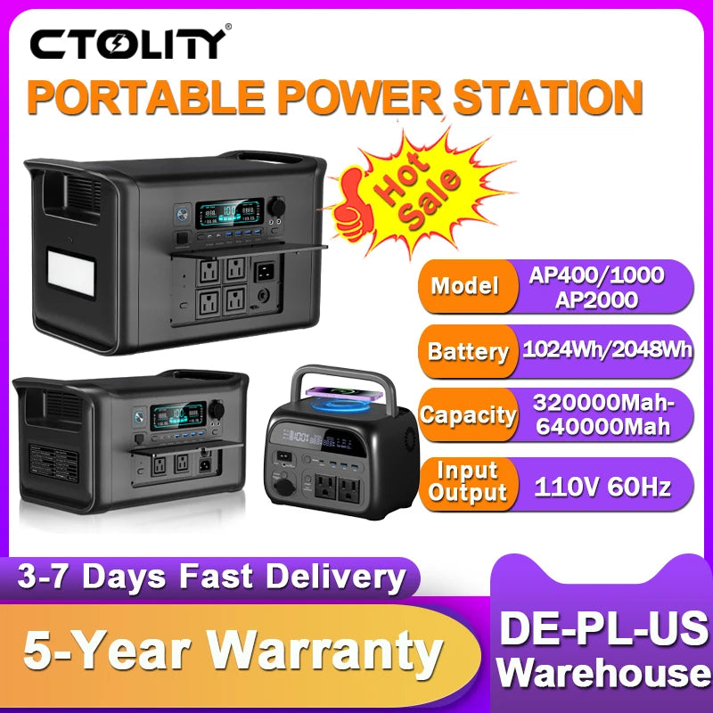 CTOLITY 2400W Portable Power Station 1800W Power Generator LED Light Emergency 500W Solar Power Bank for Outdoor Camping Travel