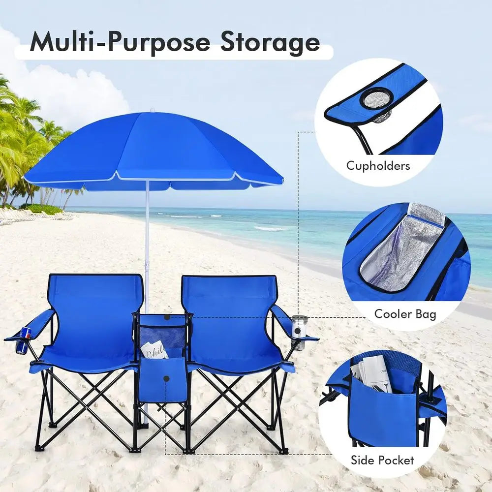 Portable Folding Picnic Chairs with Detachable Umbrella, Cooler and Cup Holders, Ideal for Beach and Camping, Blue