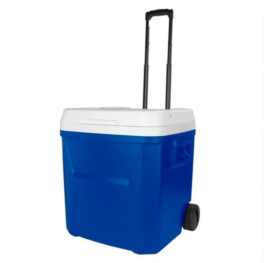 60 QT Blue Laguna Wheeled Hard Sided Ice Chest Cooler Long Lasting Ice Retention Large Capacity Portable Rolling Cool Box With Pull Handle And Wheels Stain Resistant Interior Perfect For Camping Fishing Beach Picnic Outdoor B
