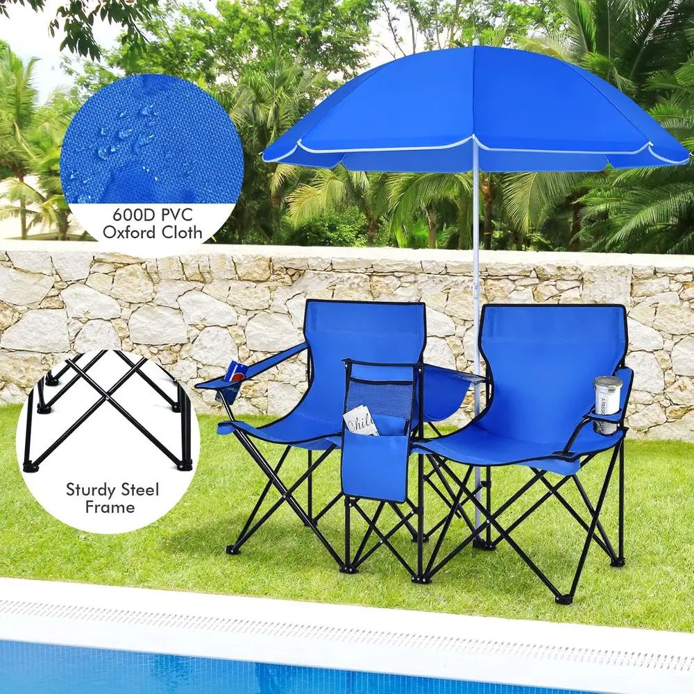 Portable Folding Picnic Chairs with Detachable Umbrella, Cooler and Cup Holders, Ideal for Beach and Camping, Blue