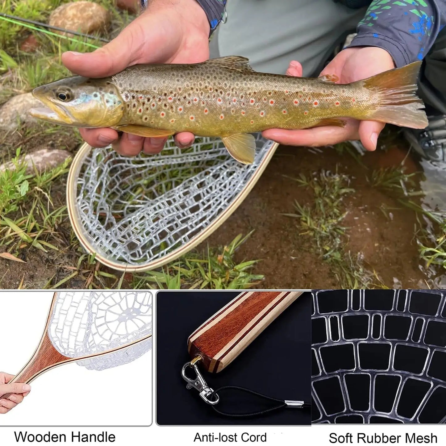 Wooden Frame Fly Fishing Landing Net With Knotless Rubber Mesh