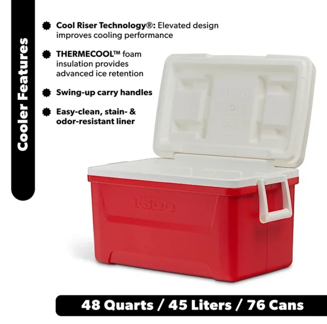 48 QT Red Laguna Hard Sided Insulated Ice Chest Cooler Large Capacity Portable Ice Retention Cool Box With Swing Carry Handles Stain Odor Resistant Liner For Camping Beach Picnic Fishing Outdoor BBQ Travel Drinks Food Storage