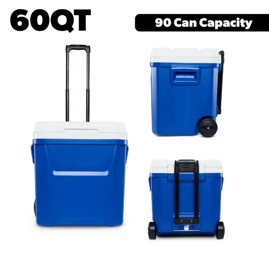 60 QT Blue Laguna Wheeled Hard Sided Ice Chest Cooler Long Lasting Ice Retention Large Capacity Portable Rolling Cool Box With Pull Handle And Wheels Stain Resistant Interior Perfect For Camping Fishing Beach Picnic Outdoor B