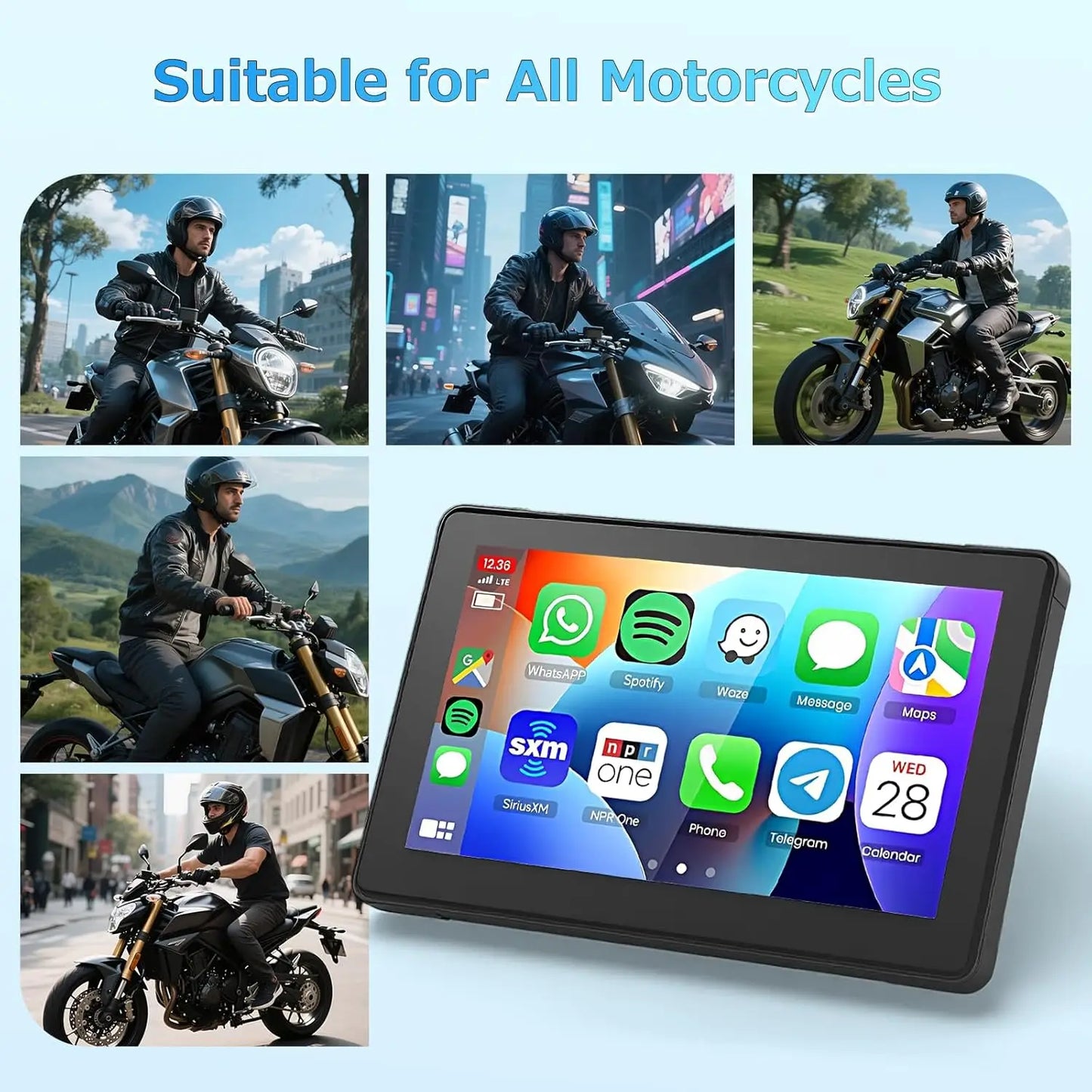 NEW Quality 5inch Motorcycle GPS Navigation Screen 1080P HD Dash Cam Front Rear IP68 Waterproof Touch Screen Bluetooth Audio Receiver Support Wireless Mirror Link 5G Wifi Hands-free Calling Tire Pressure Monitoring