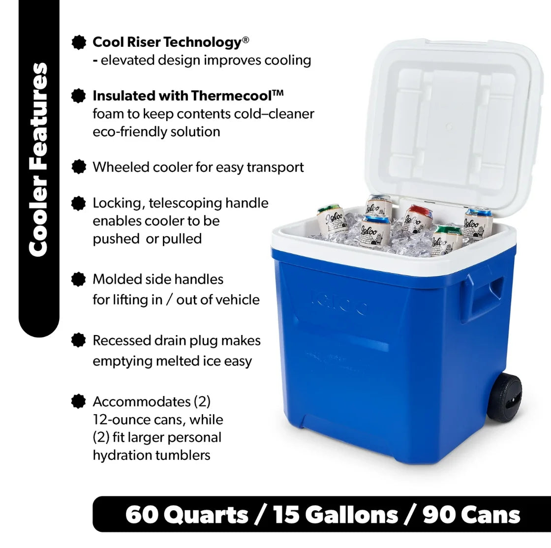 60 QT Blue Laguna Wheeled Hard Sided Ice Chest Cooler Long Lasting Ice Retention Large Capacity Portable Rolling Cool Box With Pull Handle And Wheels Stain Resistant Interior Perfect For Camping Fishing Beach Picnic Outdoor B