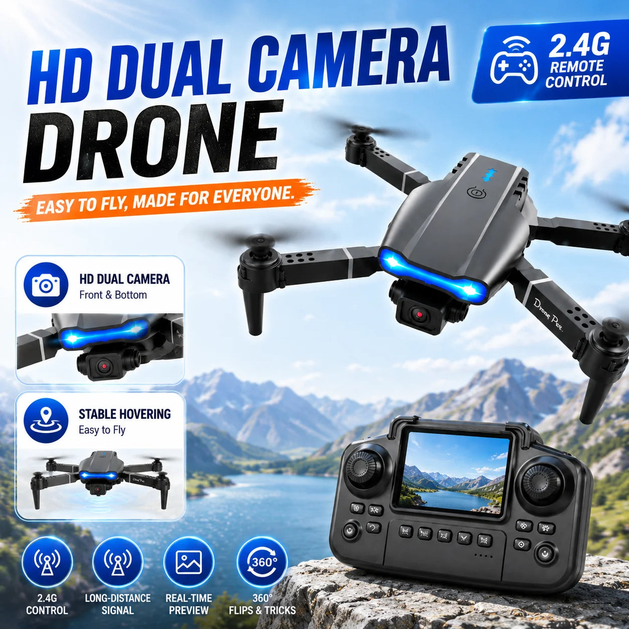 ZNLYRION RC Drone With Screen Remote Control 4K Dual Camera