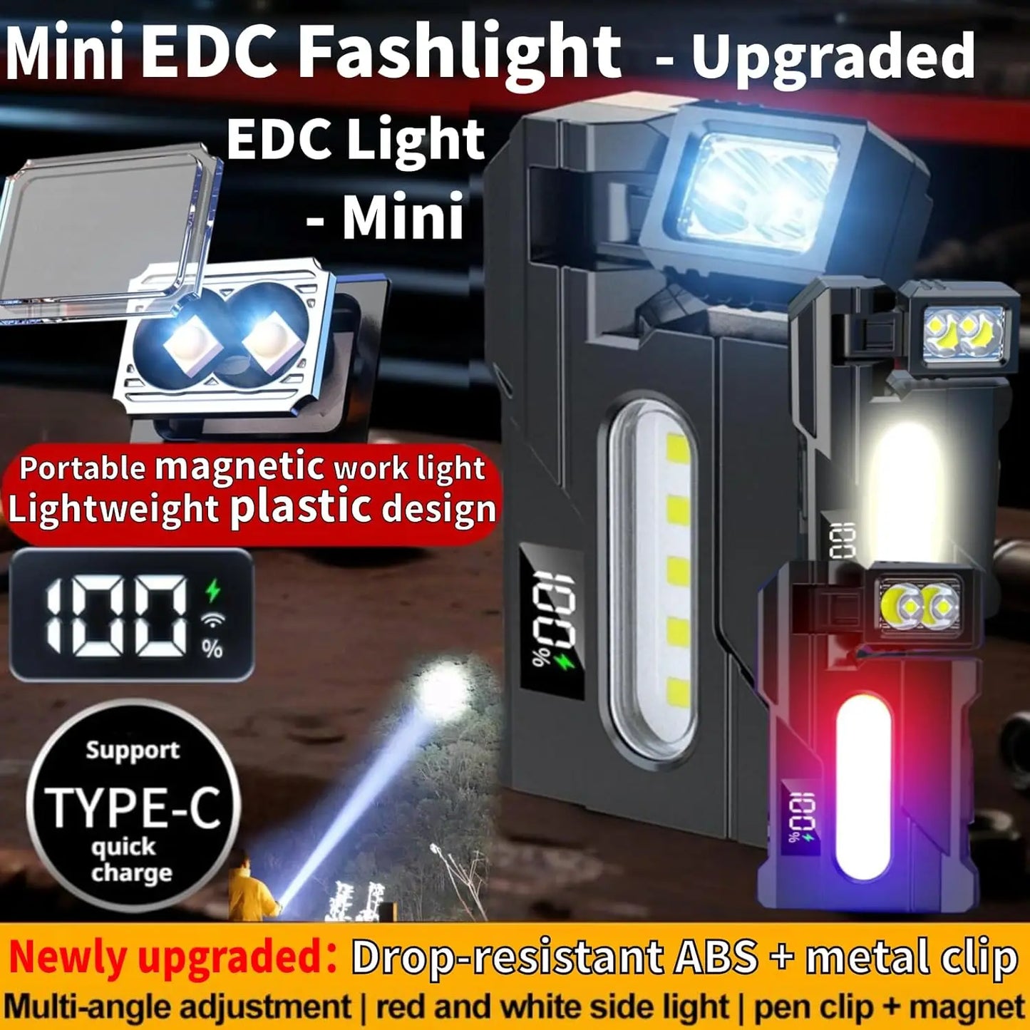Mini EDC Flashlight 1200 Lumens, Super Bright 3 Modes Mini EDC Pocket-sized Flat Flashlights Rechargeable,Portable ABS Small LED Dual Light w Clip,IP68 Rotatable Magnetic Torches for Camping Emergency