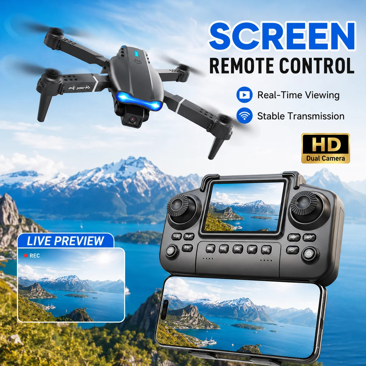 ZNLYRION RC Drone With Screen Remote Control 4K Dual Camera
