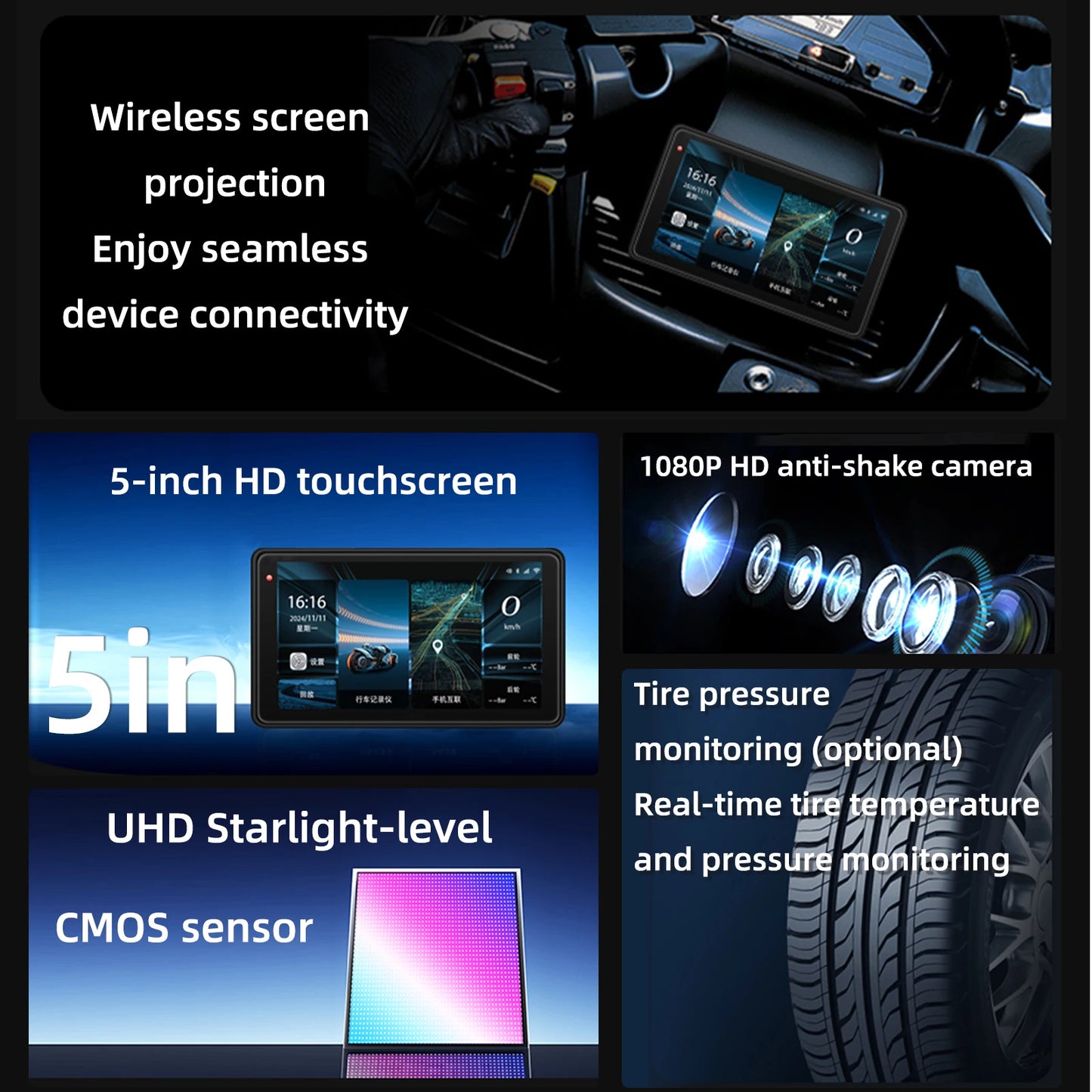 NEW Quality 5inch Motorcycle GPS Navigation Screen 1080P HD Dash Cam Front Rear IP68 Waterproof Touch Screen Bluetooth Audio Receiver Support Wireless Mirror Link 5G Wifi Hands-free Calling Tire Pressure Monitoring