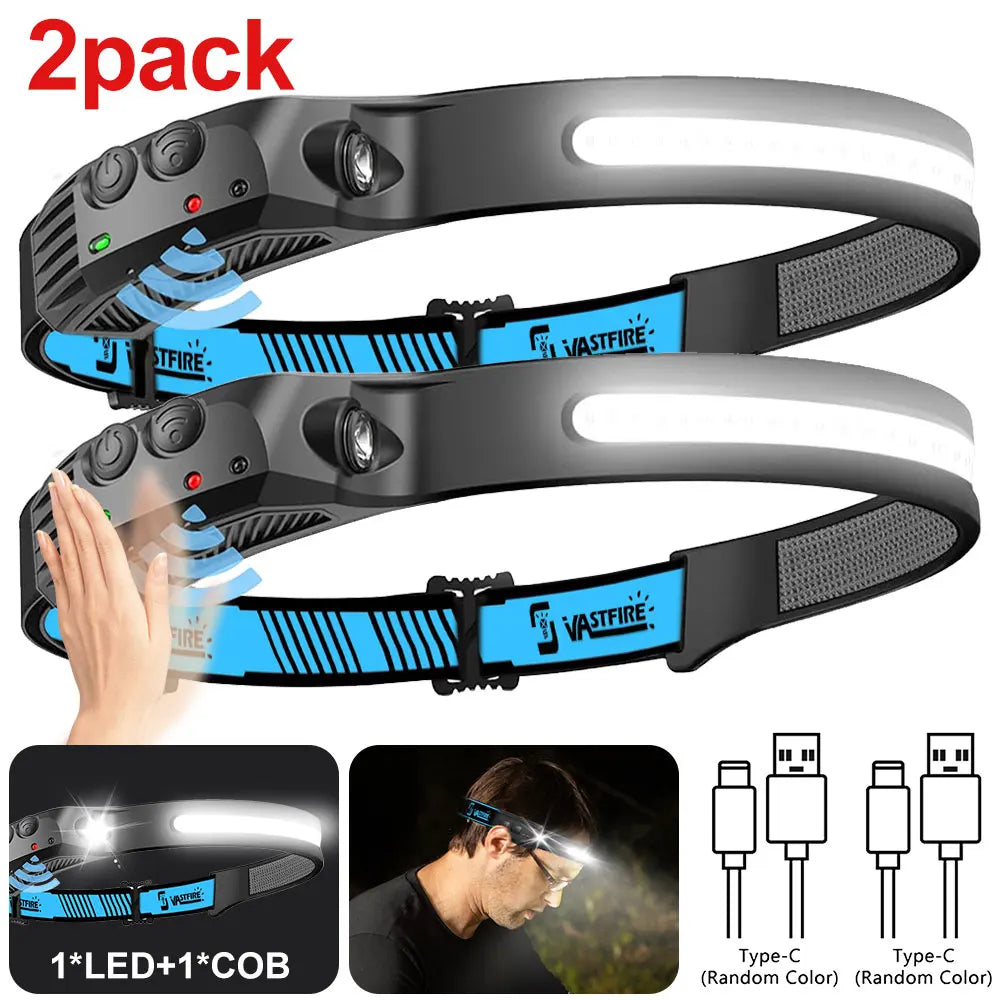 2pcs 1000mAh usb rechargeable head flashlight super bright led with motion sensor for camping running fishing