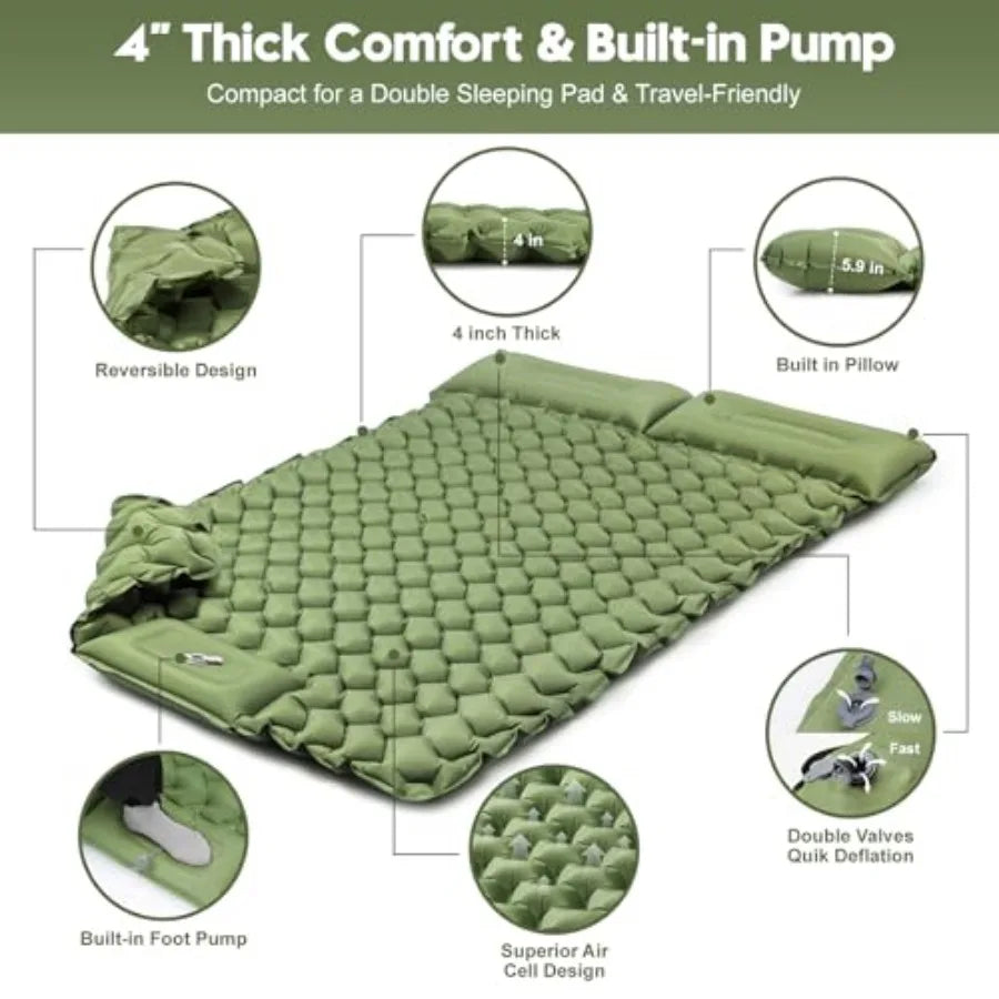 Double Sleeping Pad for Camping 4" Thick Inflatable Camping Mattress 2 Person, Built-in Feet Pump and Pillow, Ultralight Self-I