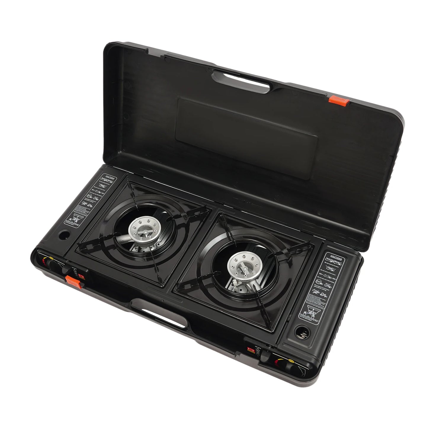 Outdoor Portable Camping Stove 5000W, Dual Burner Gas BBQ Cooker with Piezoelectric Ignition & Large Baking Pan, Compact Travel Grill for Picnic RV Patio Camping Use