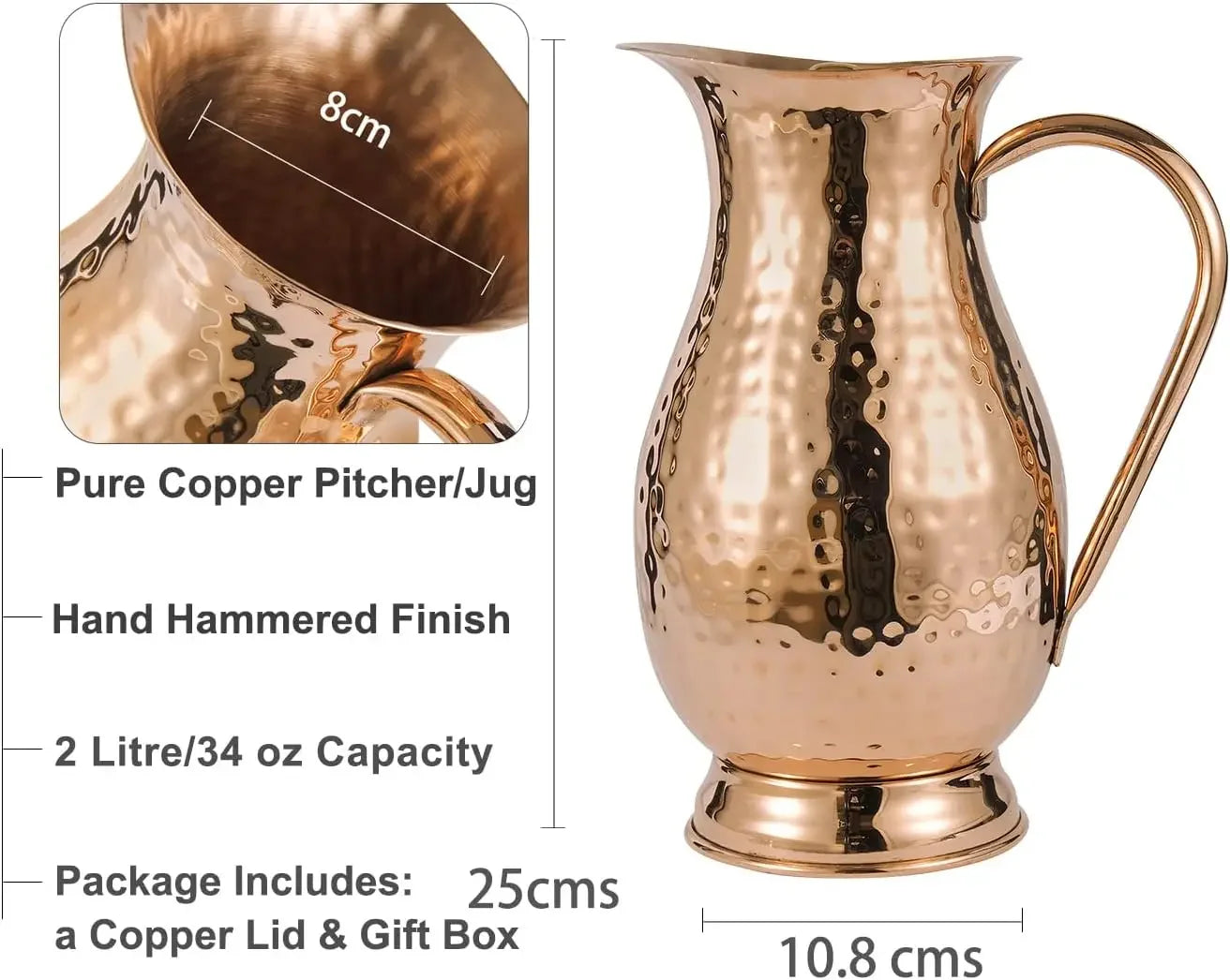 Pure Copper Pitcher With Lid 70 Oz Capacity Hammered Jug
