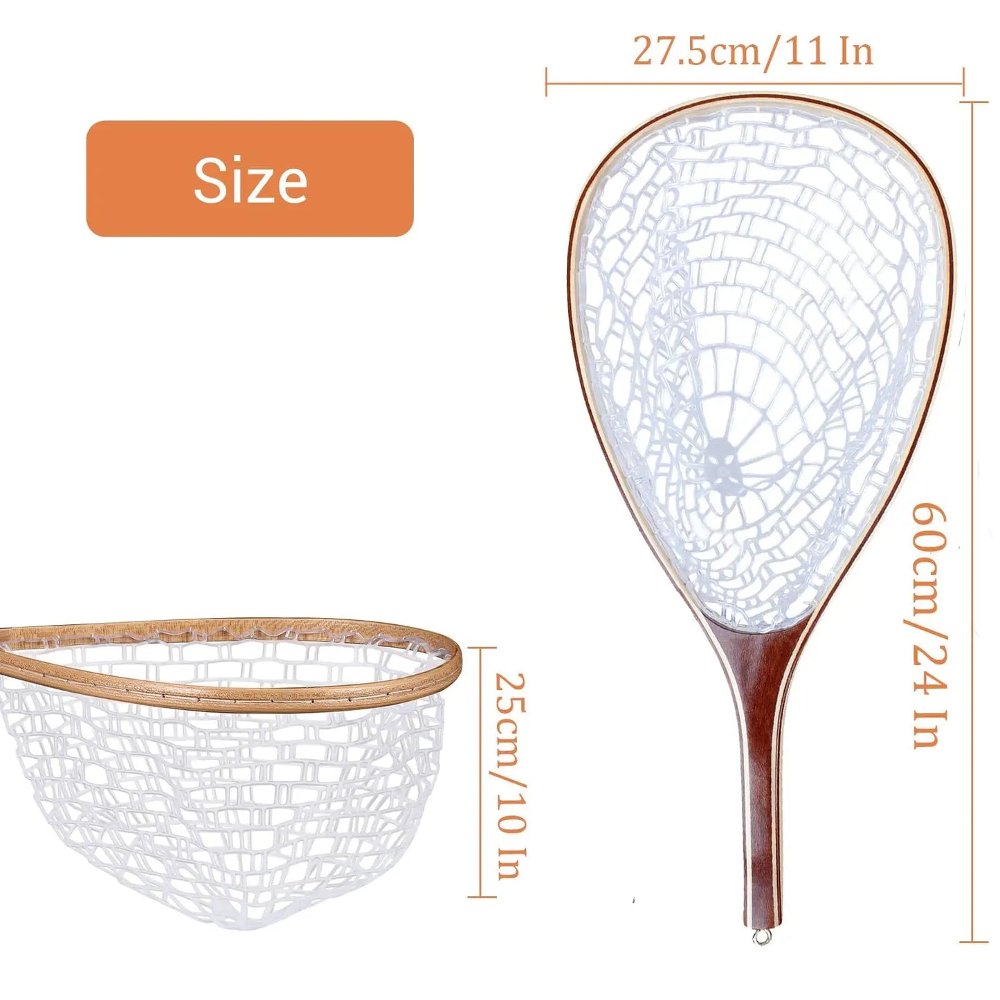 Wooden Frame Fly Fishing Landing Net With Knotless Rubber Mesh