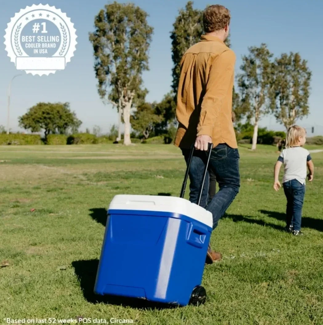 60 QT Blue Laguna Wheeled Hard Sided Ice Chest Cooler Long Lasting Ice Retention Large Capacity Portable Rolling Cool Box With Pull Handle And Wheels Stain Resistant Interior Perfect For Camping Fishing Beach Picnic Outdoor B