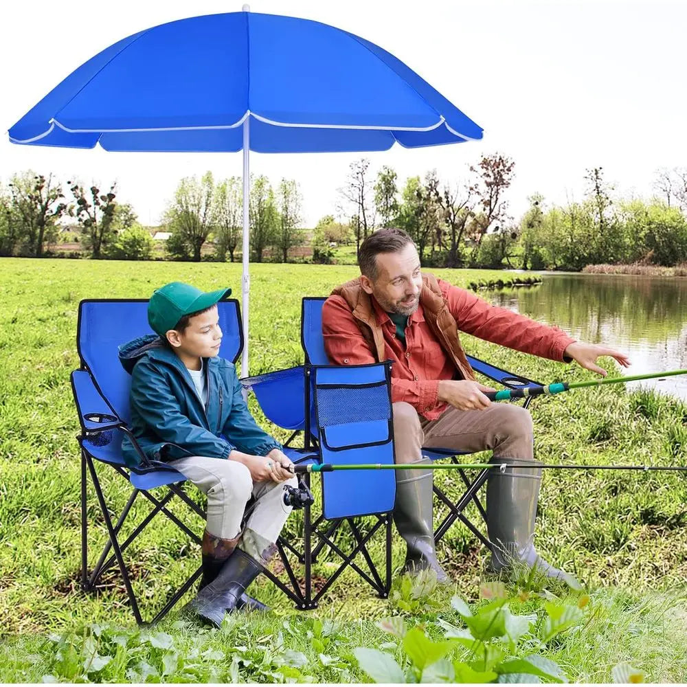 Portable Folding Picnic Chairs with Detachable Umbrella, Cooler and Cup Holders, Ideal for Beach and Camping, Blue