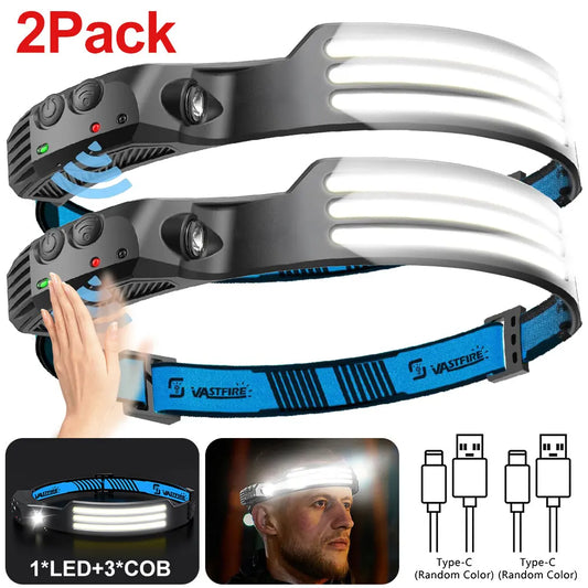 2pcs 1000mAh usb rechargeable head flashlight super bright led with motion sensor for camping running fishing